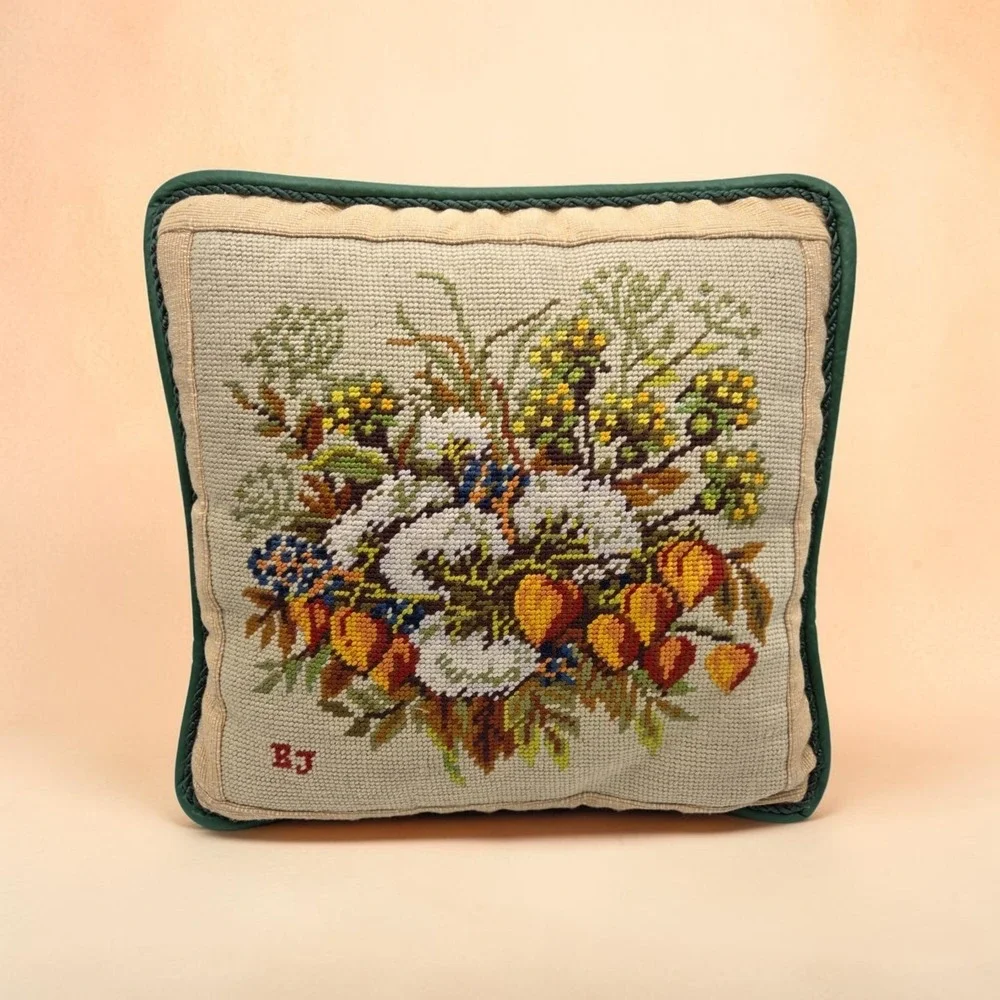Vintage Needlepoint Beige Floral Throw Pillow Grandmacore Cottagecore 13